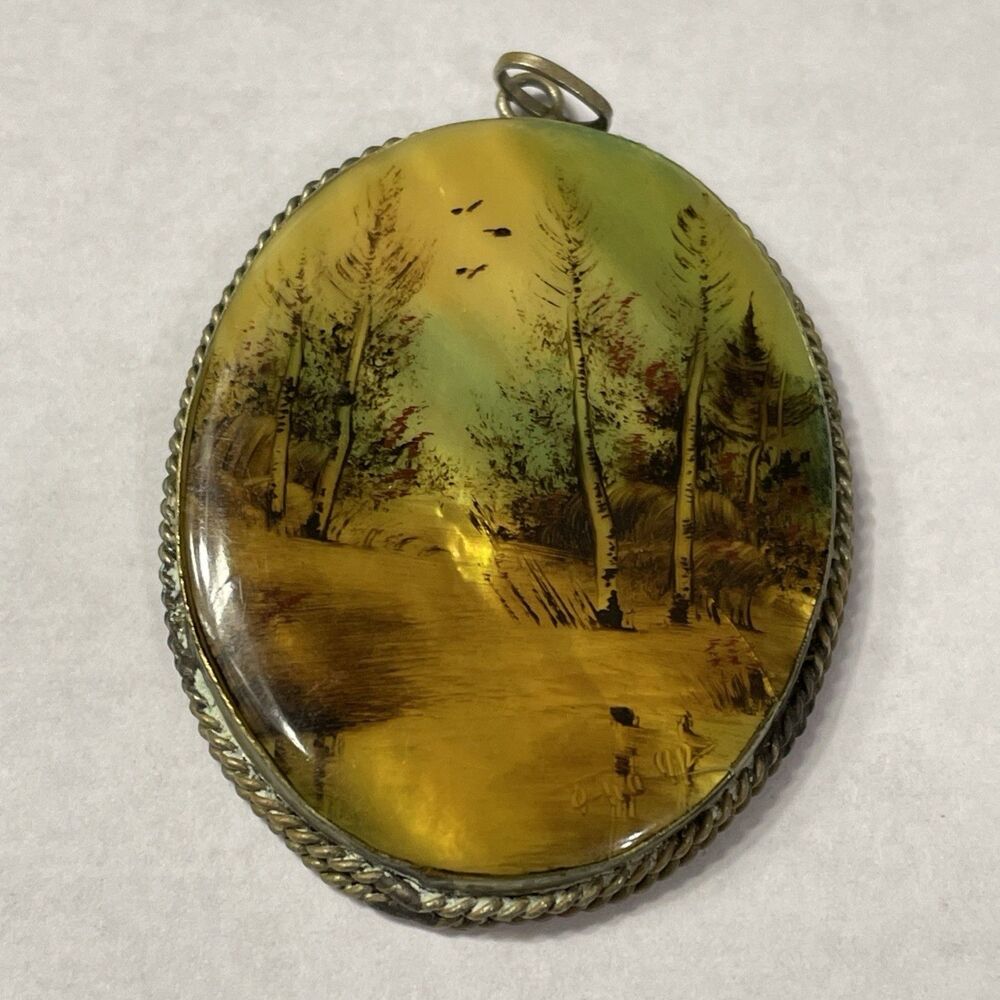 Russian Fedoskino Hand Painted Mother of Pearl Signed Pendant Landscape Vintage